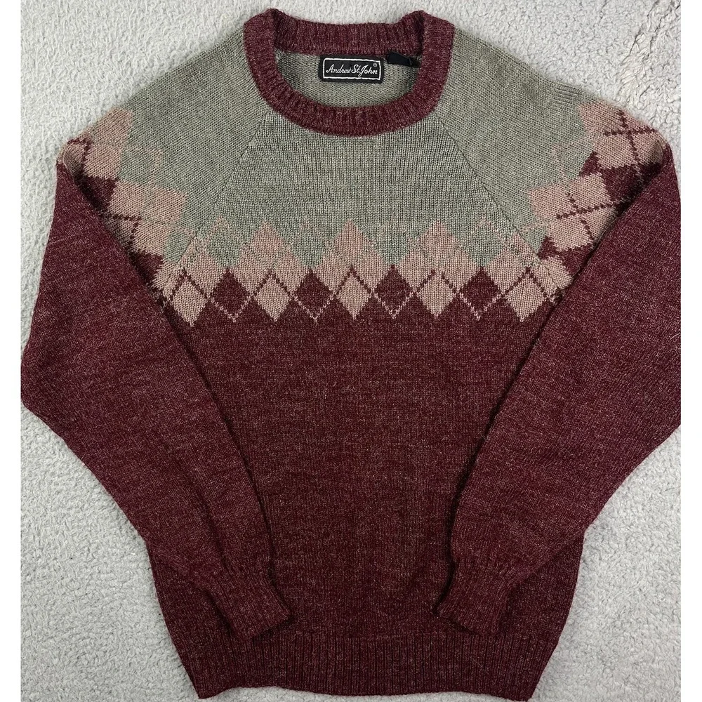 Vintage Andrew St John Sweater Grey Red Patterned Acrylic Crewneck 90s Large